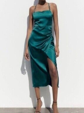 Zara Emerald Green Satin Dress With Slit